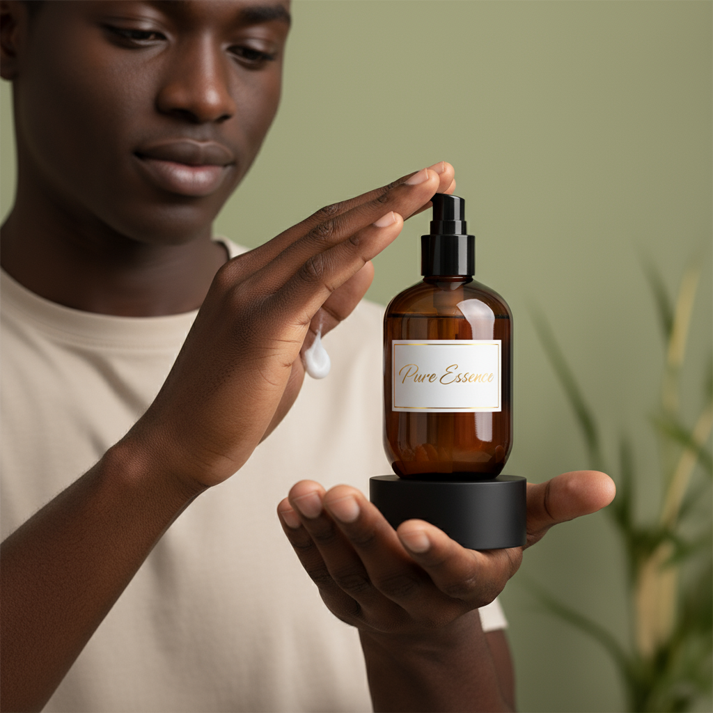 A_young_African_man_applying_hand_cream_labeled__Pure_Essence__from_an_elegant__classy_brown_bottle_