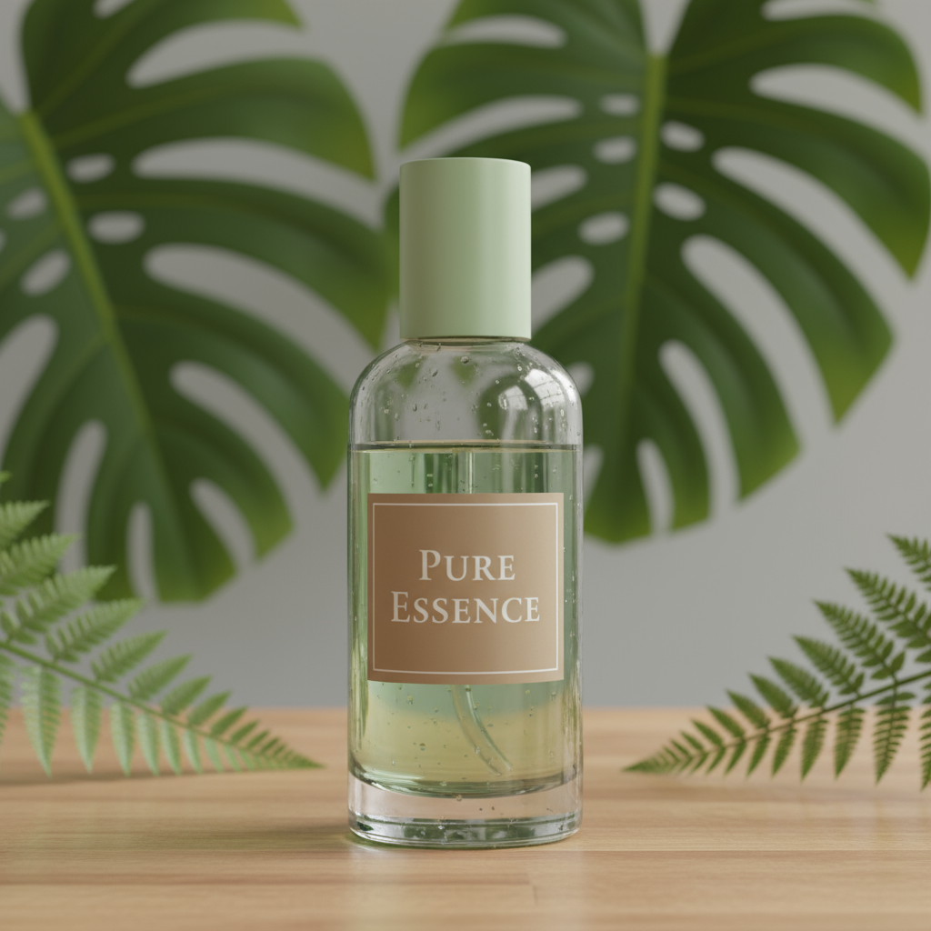 Realistic_4K_3D_product_image_of_a_glass_cosmetic_bottle_labeled__Pure_Essence___Clear_glass_bottle_