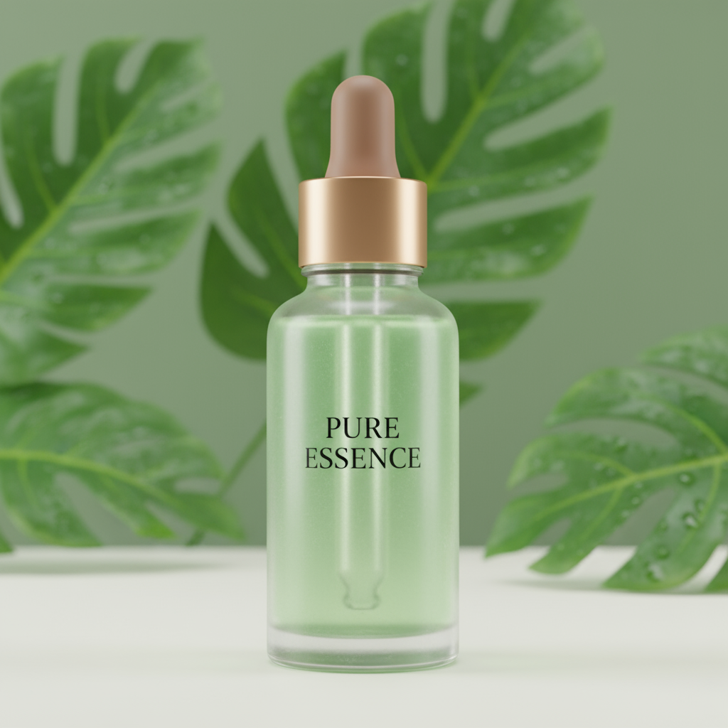 Realistic_4K_3D_product_image_of_a_glass_cosmetic_bottle_labeled__Pure_Essence___Light_green_bottle_