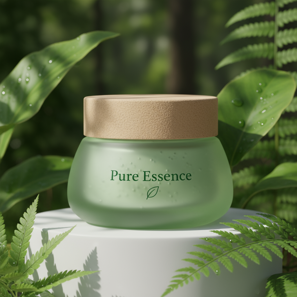 Realistic_4K_3D_product_image_of_a_glass_cosmetic_jar_labeled__Pure_Essence___Light_green_jar_with_b