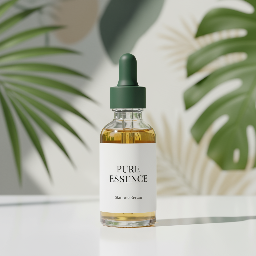 Realistic_4K_3D_product_image_of_a_skincare_serum_labeled__Pure_Essence__in_a_glass_dropper_bottle_w